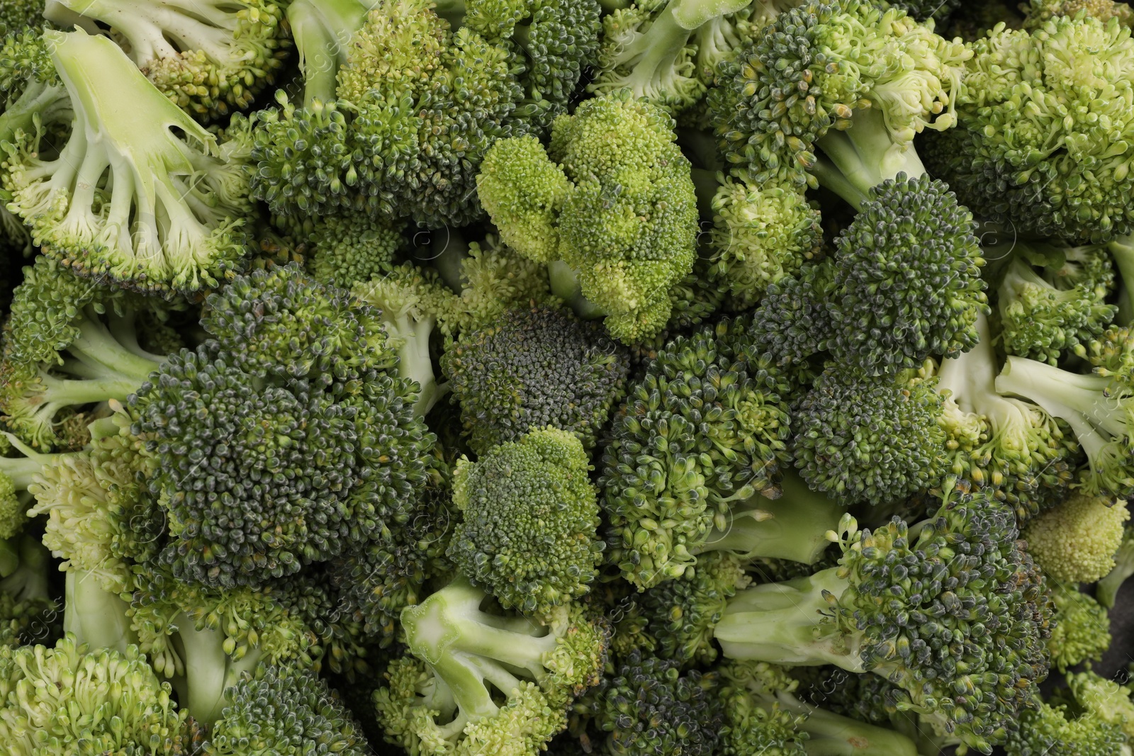 Photo of Fresh raw broccoli as background, top view