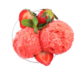 Delicious pink ice cream with mint and strawberry in glass dessert bowl isolated on white, top view