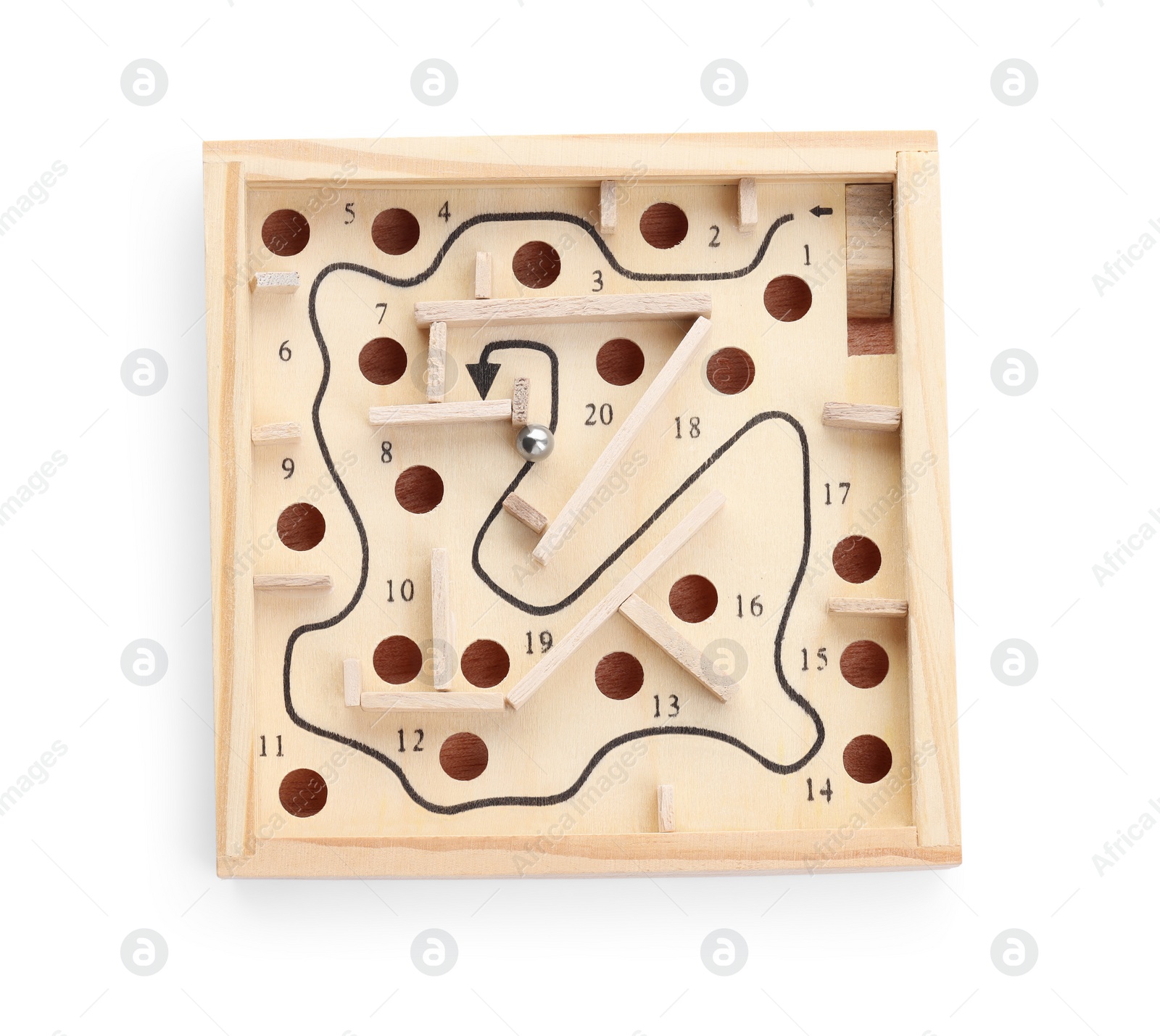 Photo of Wooden toy maze with metal ball isolated on white, top view