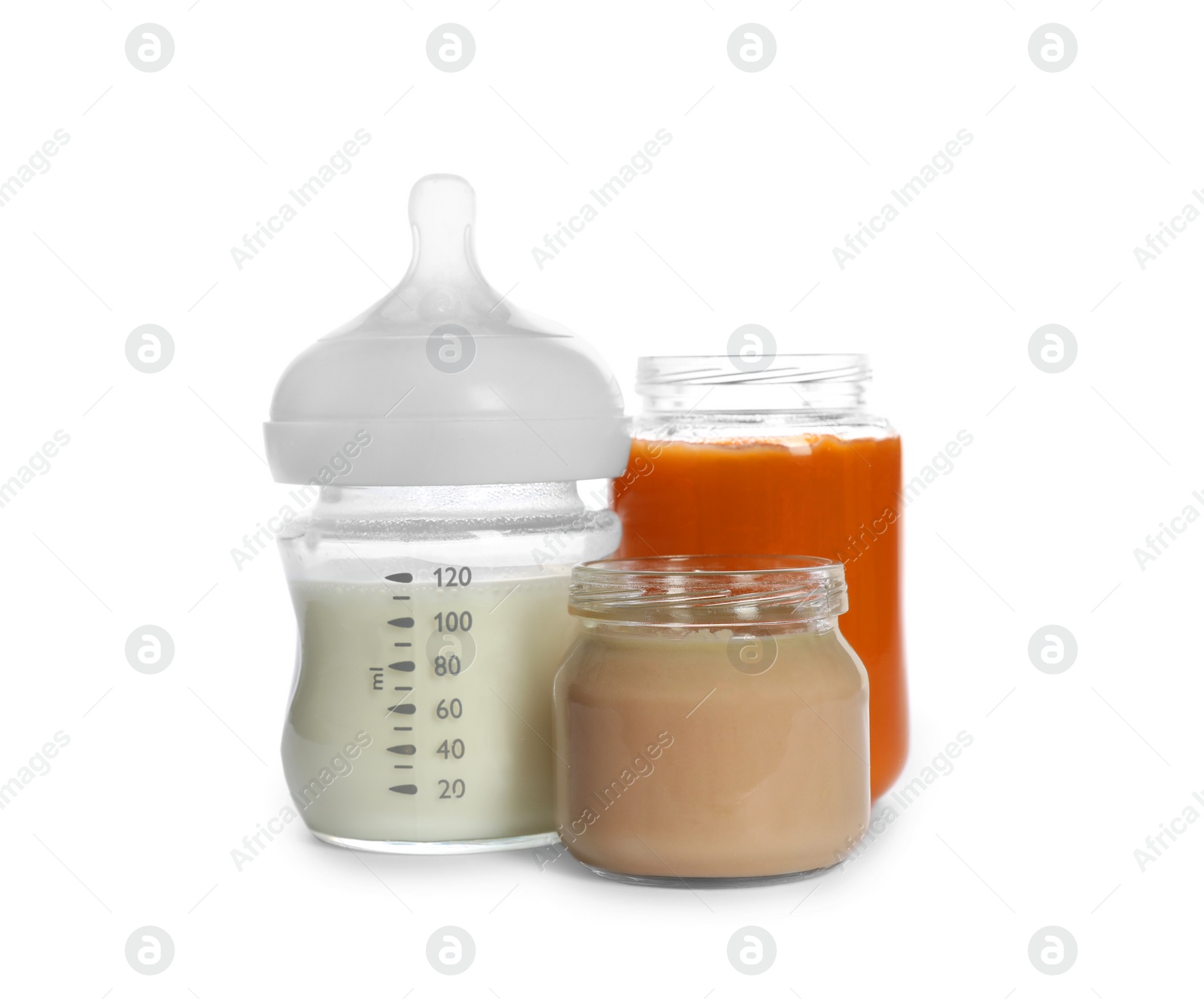 Photo of Healthy baby food and bottle of milk isolated on white