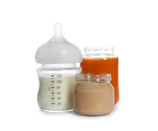 Photo of Healthy baby food and bottle of milk isolated on white