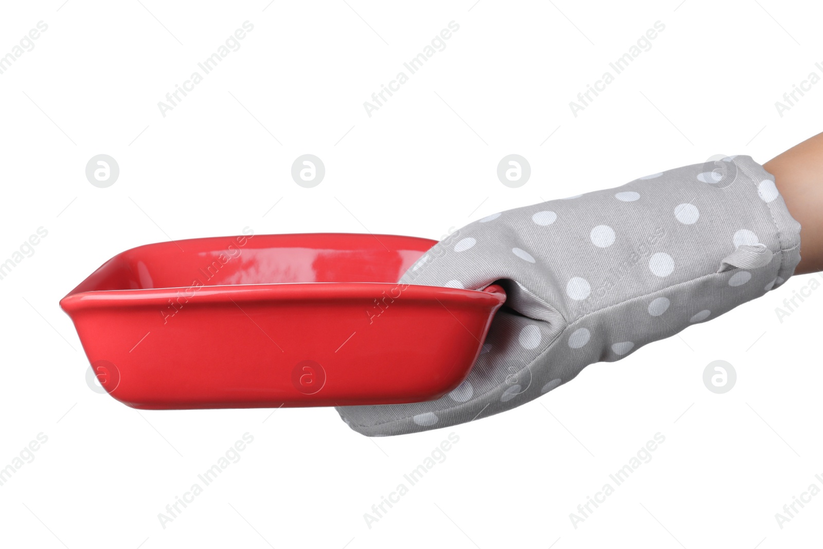 Photo of Chef in oven glove holding baking pan on white background, closeup