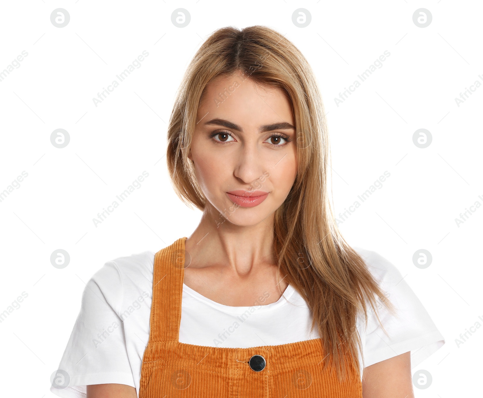 Photo of Beautiful young woman posing on white background