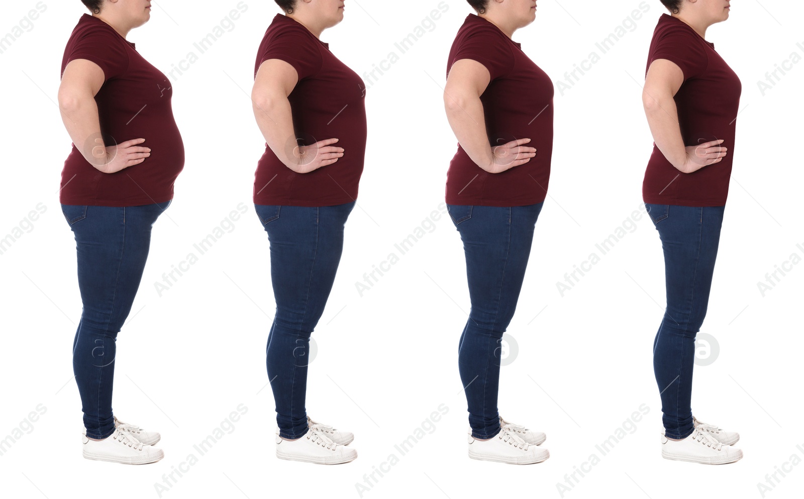 Image of Collage with photos of woman before and after weight loss diet on white background