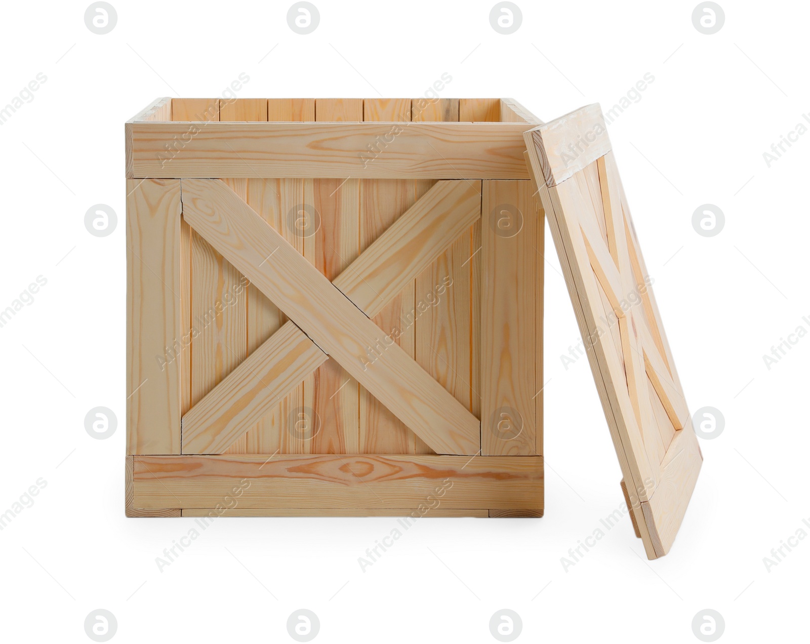 Photo of Open wooden crate with lid isolated on white