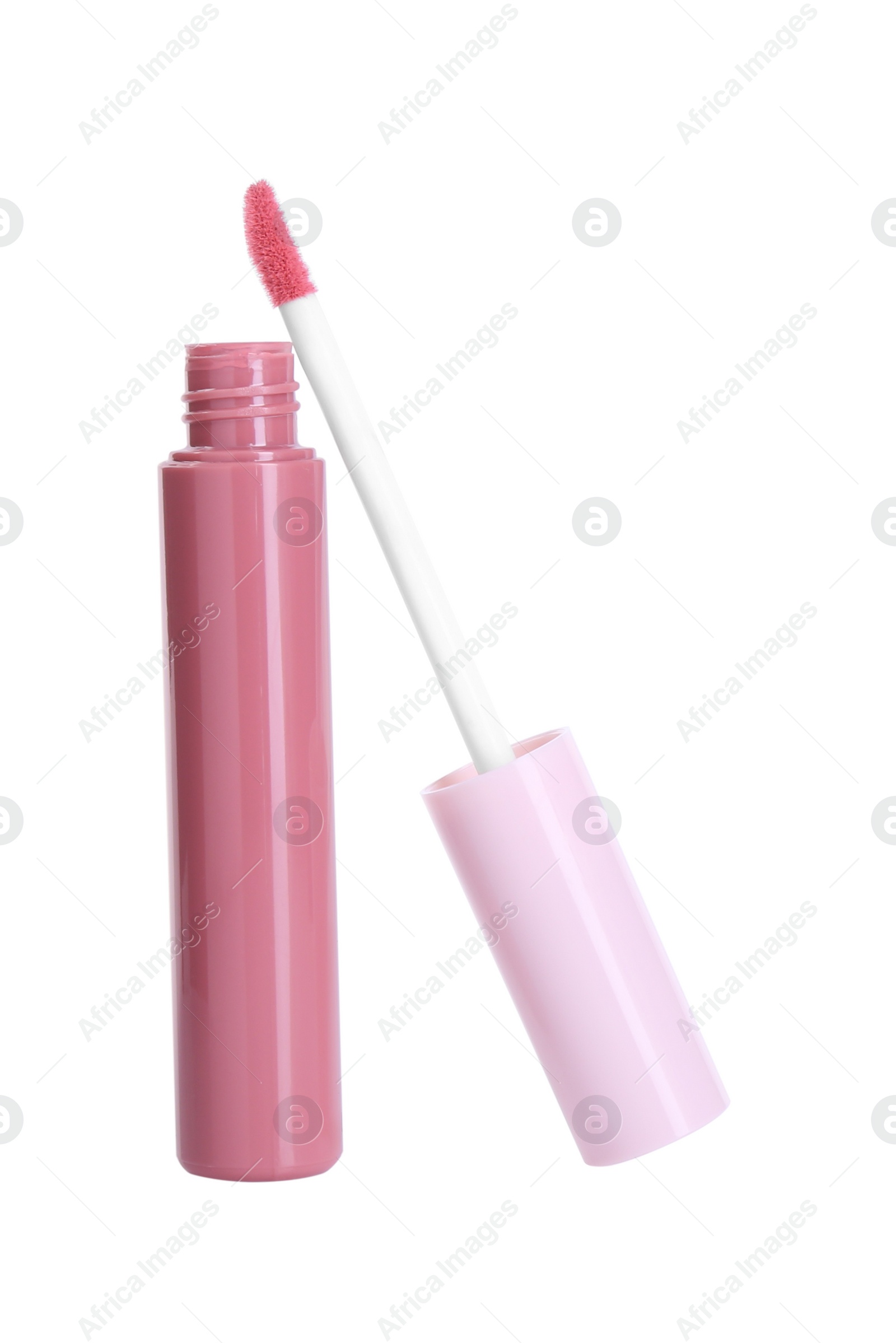 Photo of Pink lip gloss and applicator isolated on white. Cosmetic product