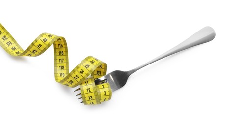 Fork with measuring tape isolated on white, top view. Diet concept