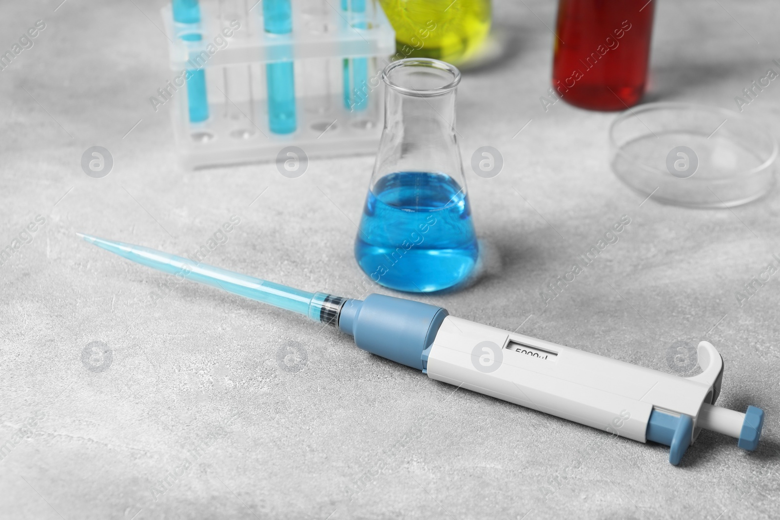 Photo of Laboratory analysis. Micropipette, flask, test tubes and petri dish on grey table