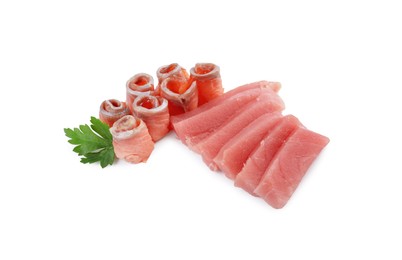 Photo of Tasty sashimi (slices of fresh raw tuna and salmon) with parsley isolated on white