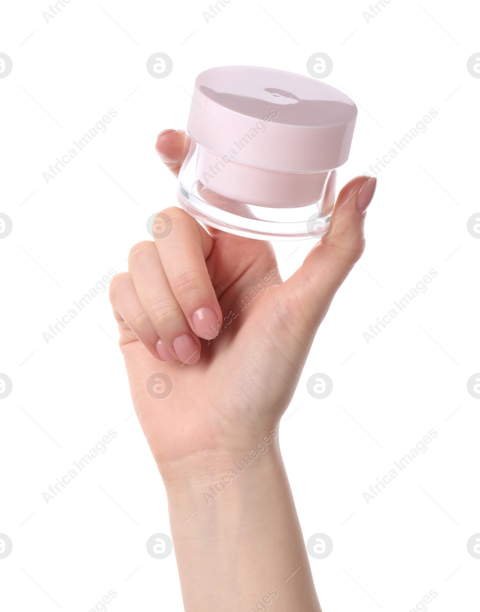 Photo of Woman with jar of cream isolated on white, closeup