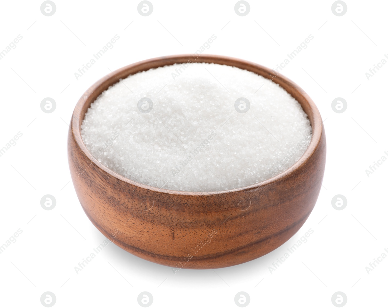 Photo of Granulated sugar in wooden bowl isolated on white