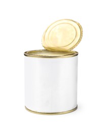 Photo of Open tin can with condensed milk isolated on white