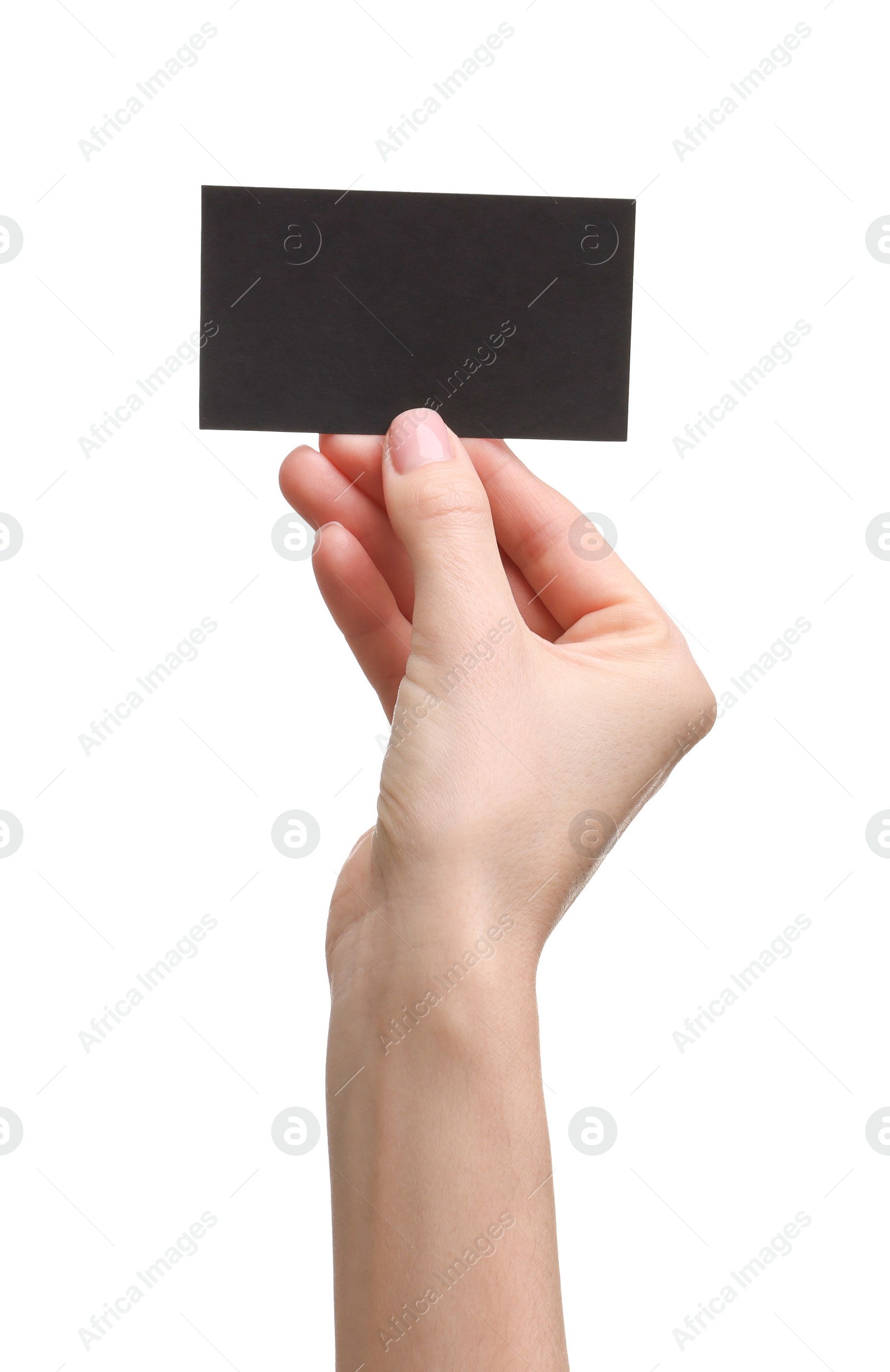 Photo of Woman holding blank business card on white background, closeup. Space for text