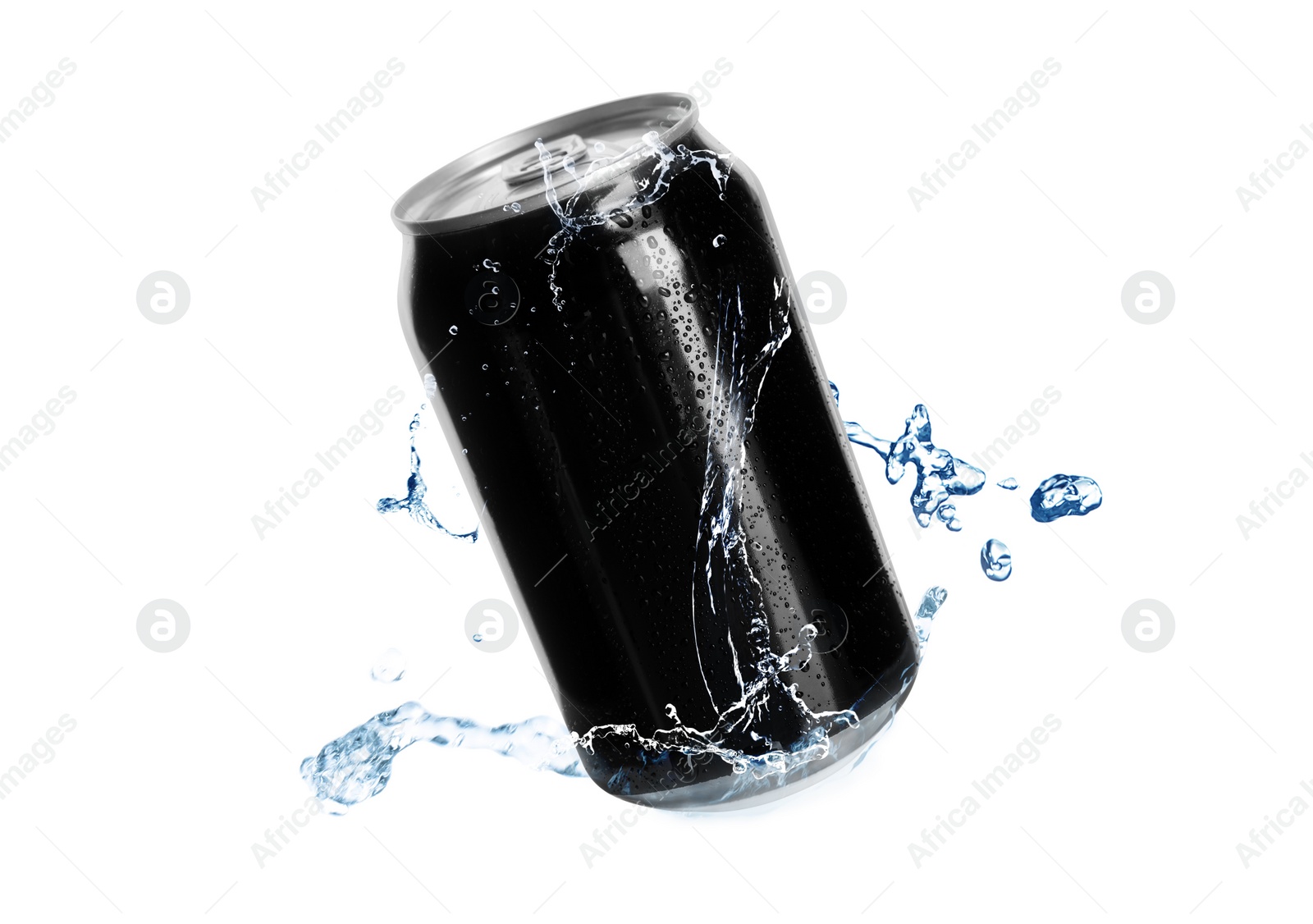 Image of Black aluminum can with splash of water on white background