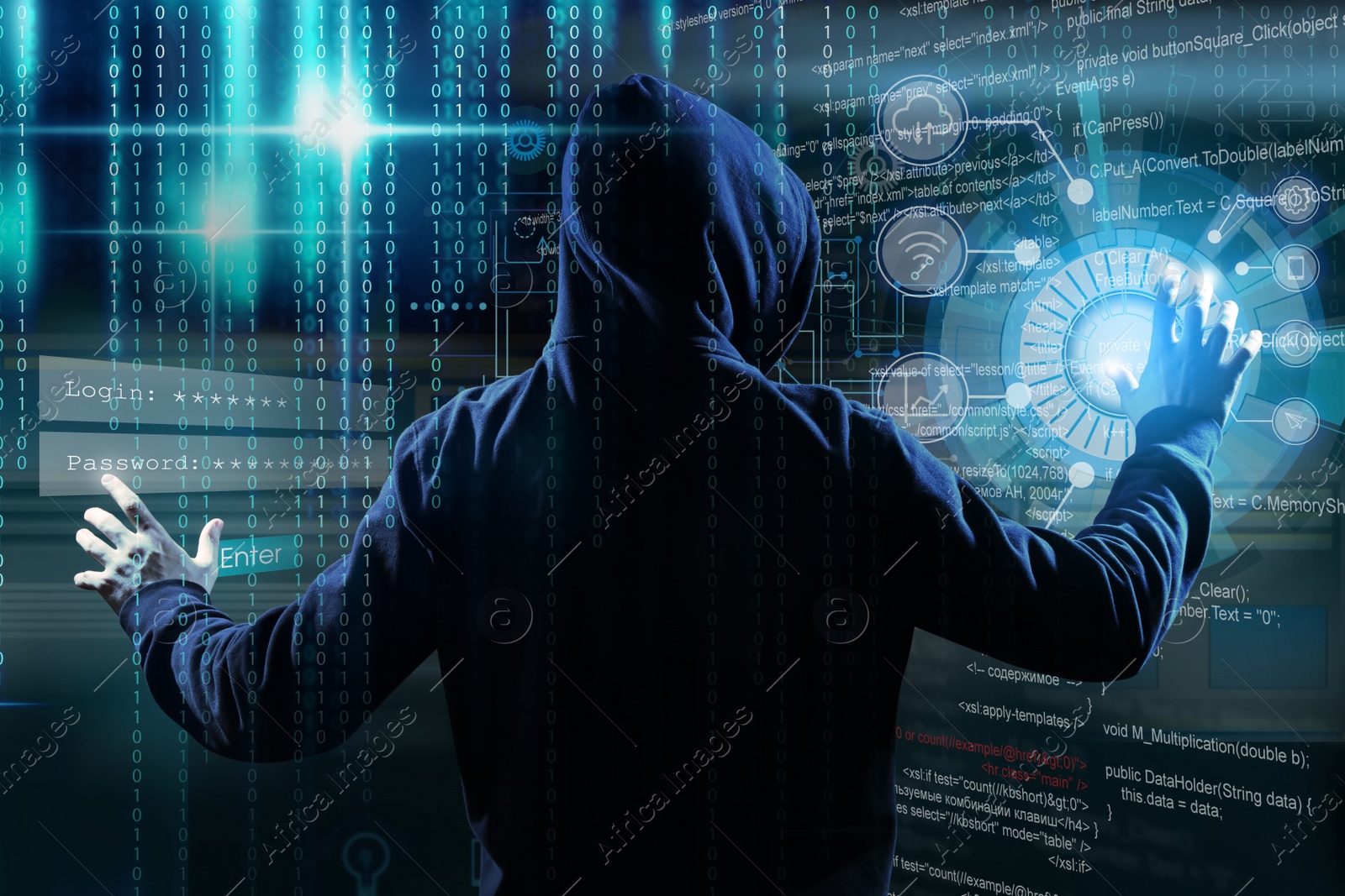 Image of Man in hood and digital code on dark background, back view. Cyber attack concept