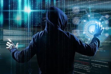 Image of Man in hood and digital code on dark background, back view. Cyber attack concept