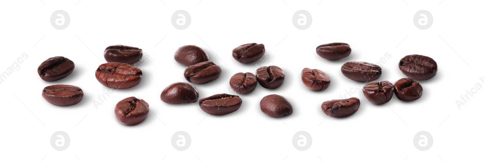 Photo of Many roasted coffee beans isolated on white