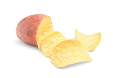 Raw potato and tasty chips on white background