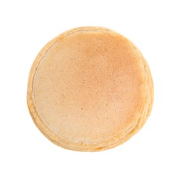 Photo of Tasty oatmeal pancakes on white background, top view