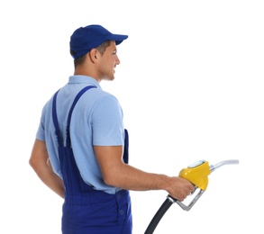 Gas station worker with fuel nozzle on white background