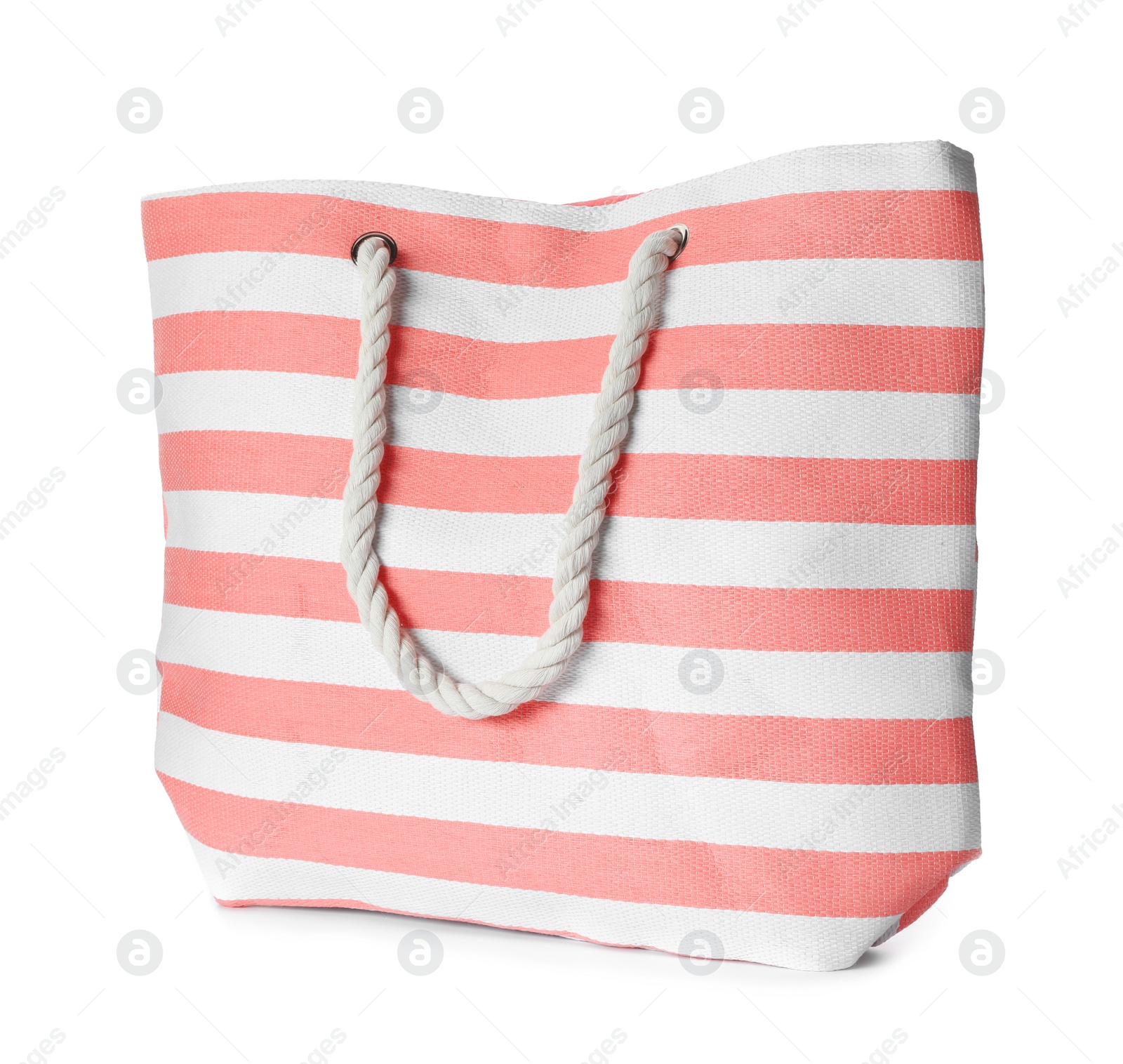 Photo of Beautiful female bag on white background. Beach object