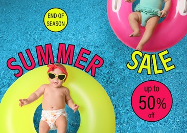 Image of Hot summer sale flyer design. Babies with inflatable rings in swimming pool and text, top view