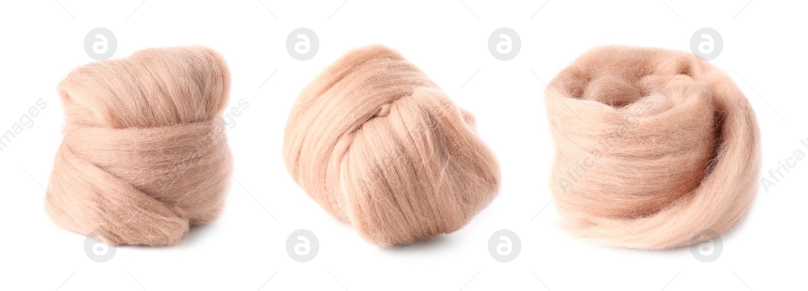 Image of Beige felting wool isolated on white, set