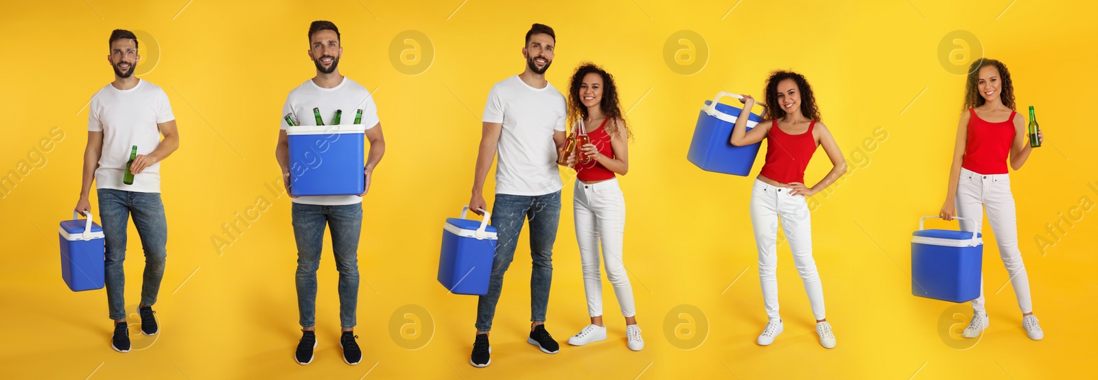 Image of Collage with photos of people holding cool boxes on yellow background. Banner design