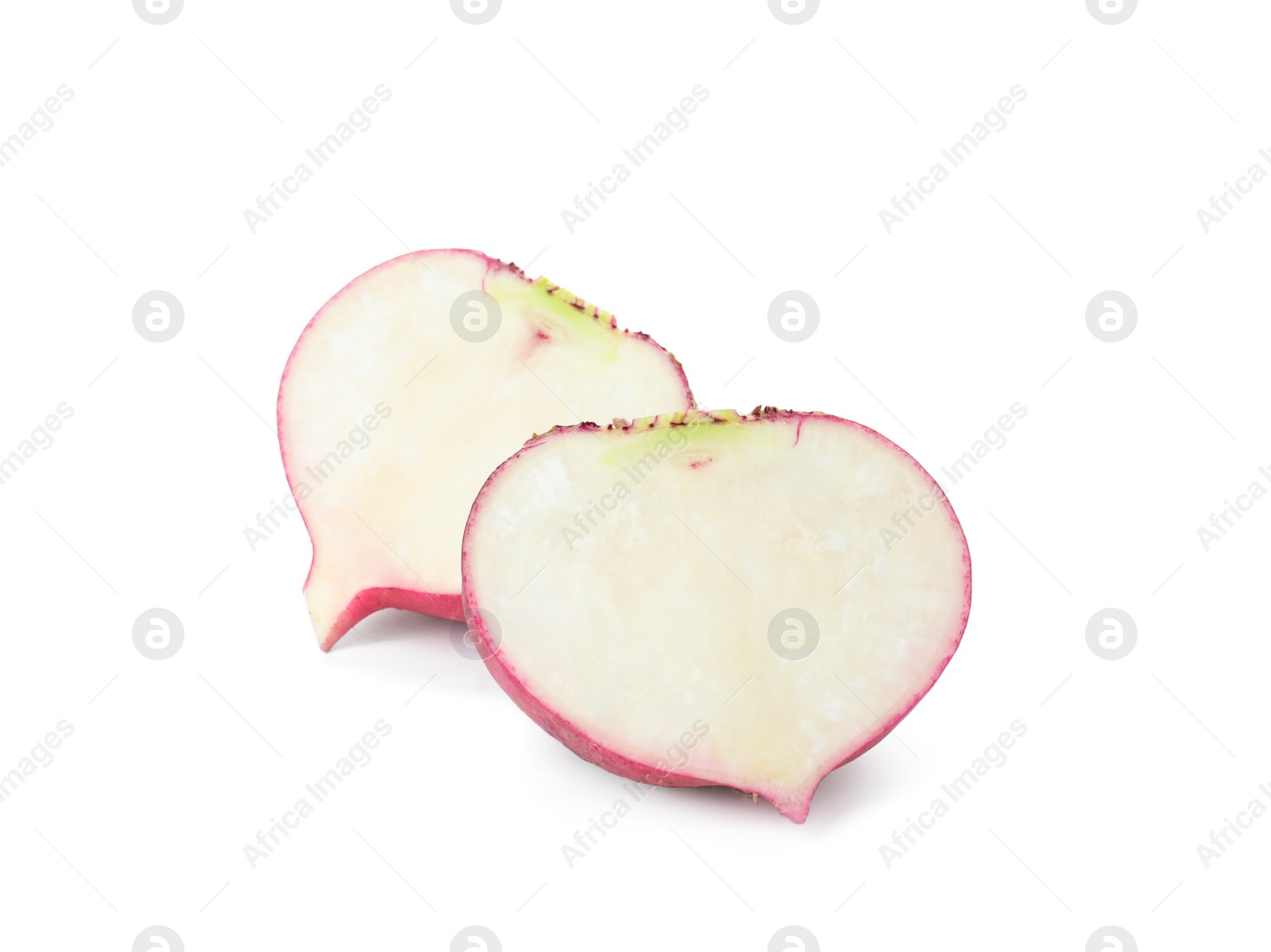 Photo of Cut fresh ripe turnip on white background