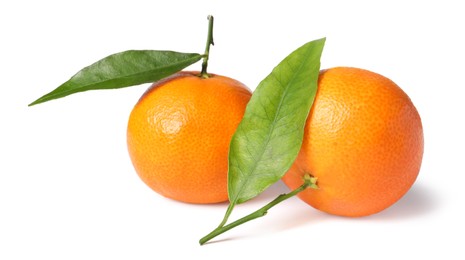 Fresh ripe juicy tangerines with green leaves isolated on white