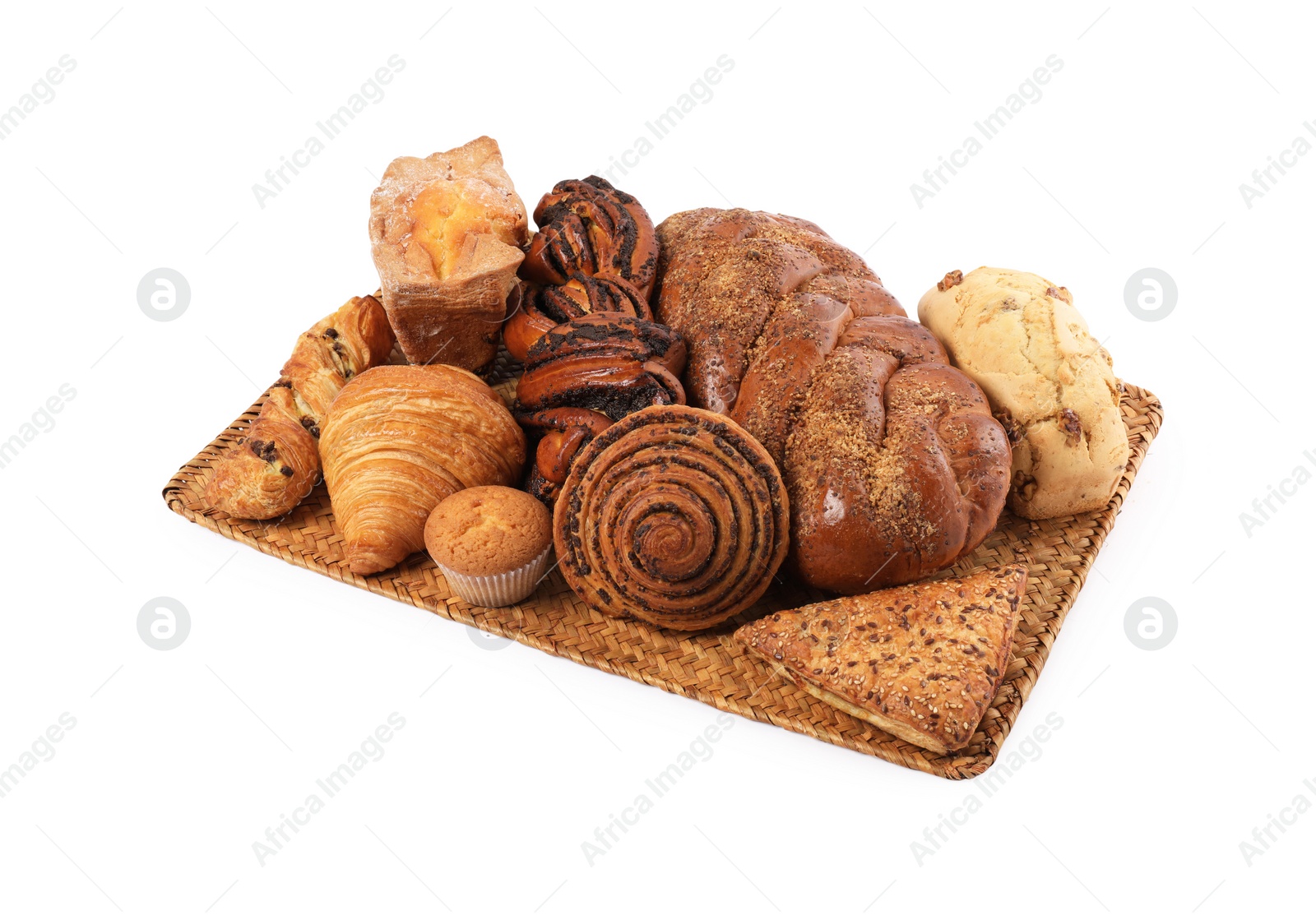 Photo of Different tasty freshly baked pastries isolated on white