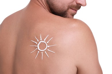 Photo of Man with sun protection cream on his back against white background, closeup