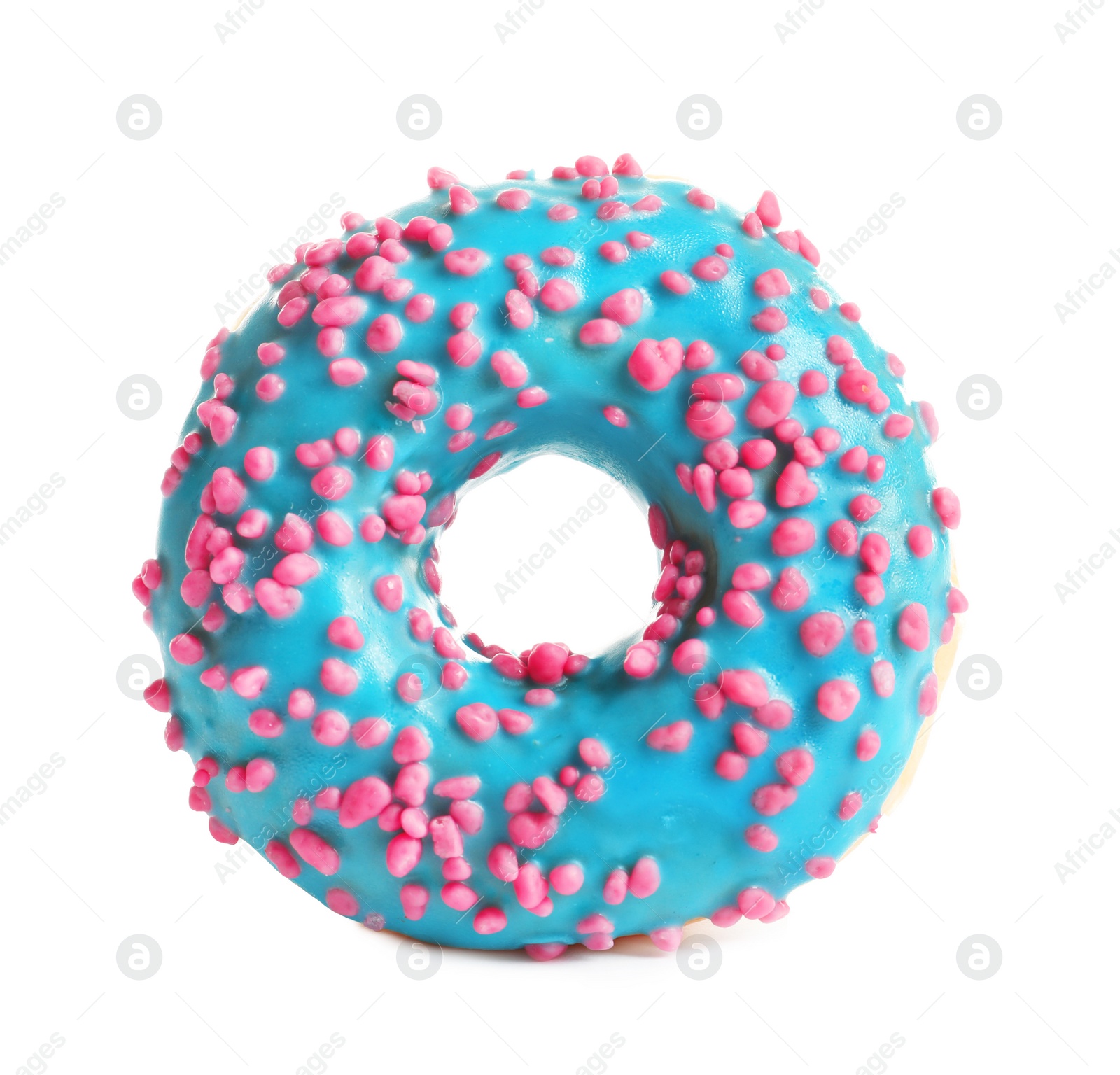 Photo of Delicious glazed doughnut with sprinkles on white background