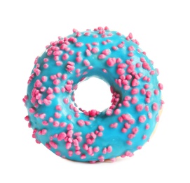 Delicious glazed doughnut with sprinkles on white background