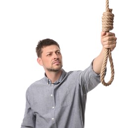 Depressed man with rope noose on white background
