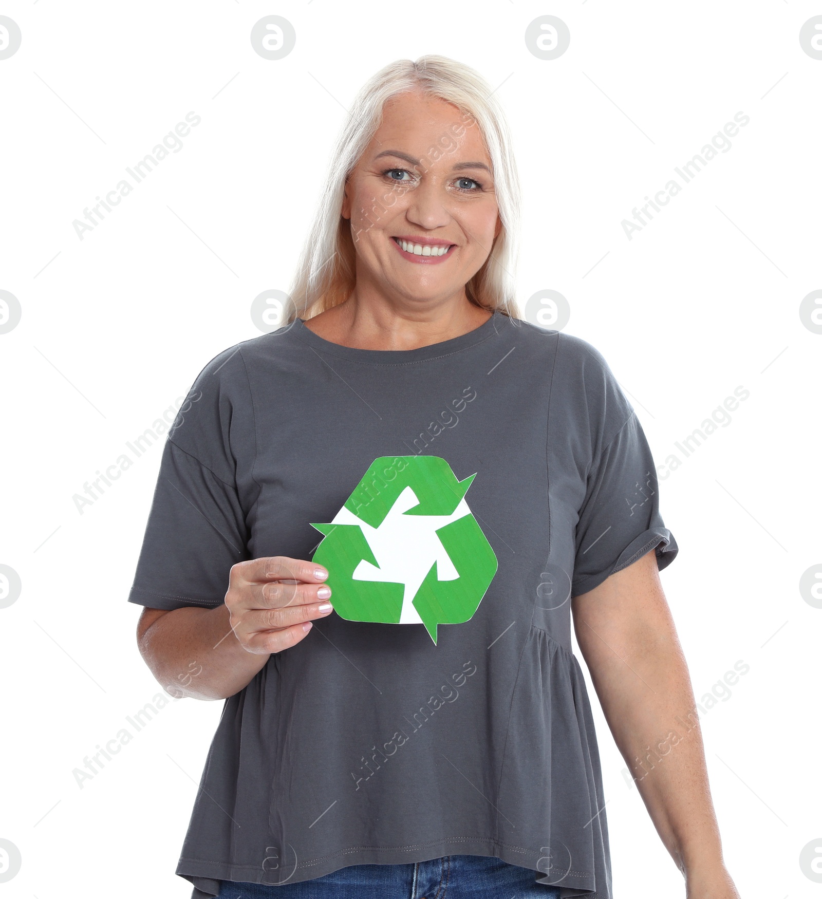 Photo of Woman with recycling symbol on white background