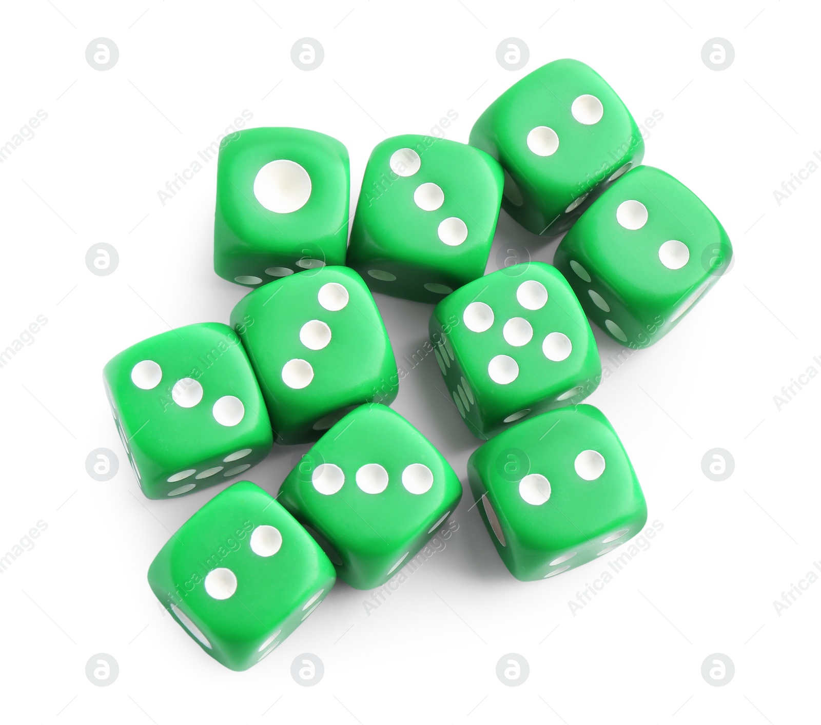 Photo of Many green game dices isolated on white, top view