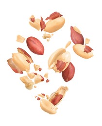 Image of Many peanuts in air on white background