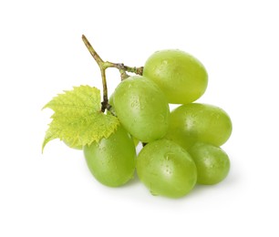 Fresh grapes with leaf and water drops isolated on white