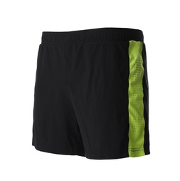 Photo of Black men's shorts with yellow stripe isolated on white. Sports clothing