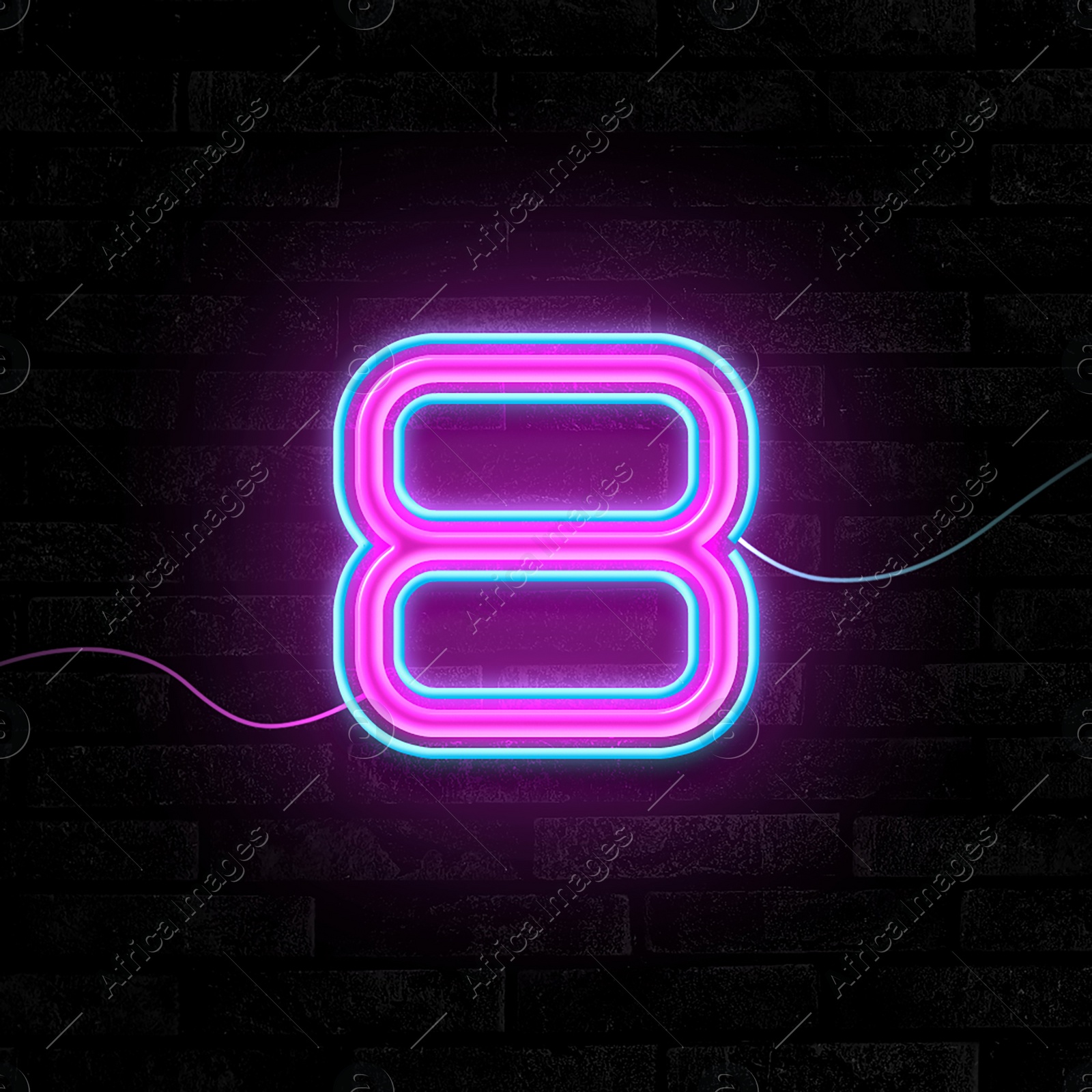 Image of Glowing neon number 8 sign on brick wall