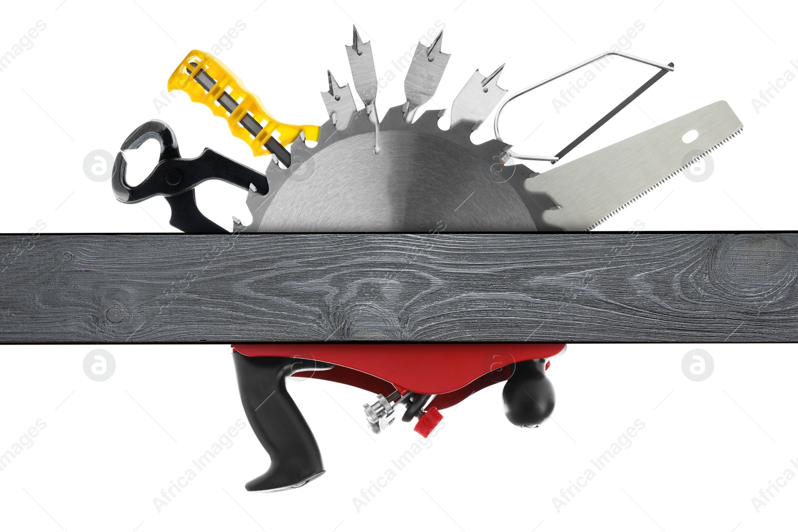 Image of Carpentry tools and wooden surface on white background, collage