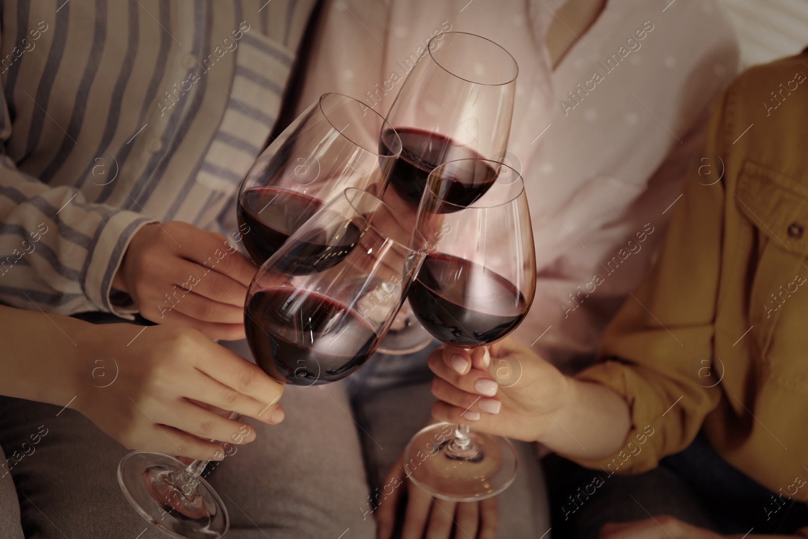 Image of Young women clinking glasses of wine, closeup