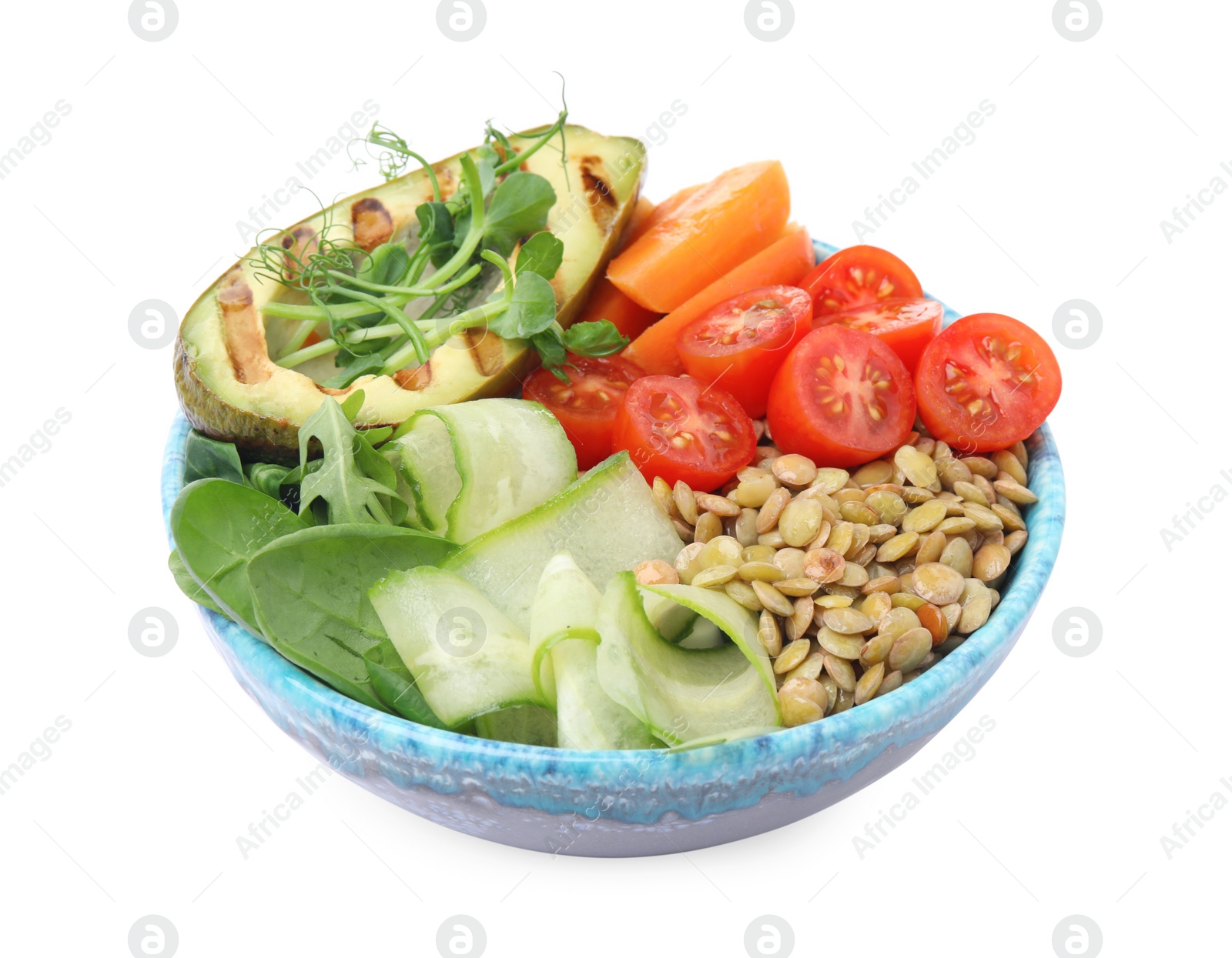 Photo of Delicious lentil bowl with avocado, tomatoes, carrot and cucumber on white background