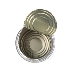 Photo of Empty aluminum can on white background, top view. Metal waste recycling