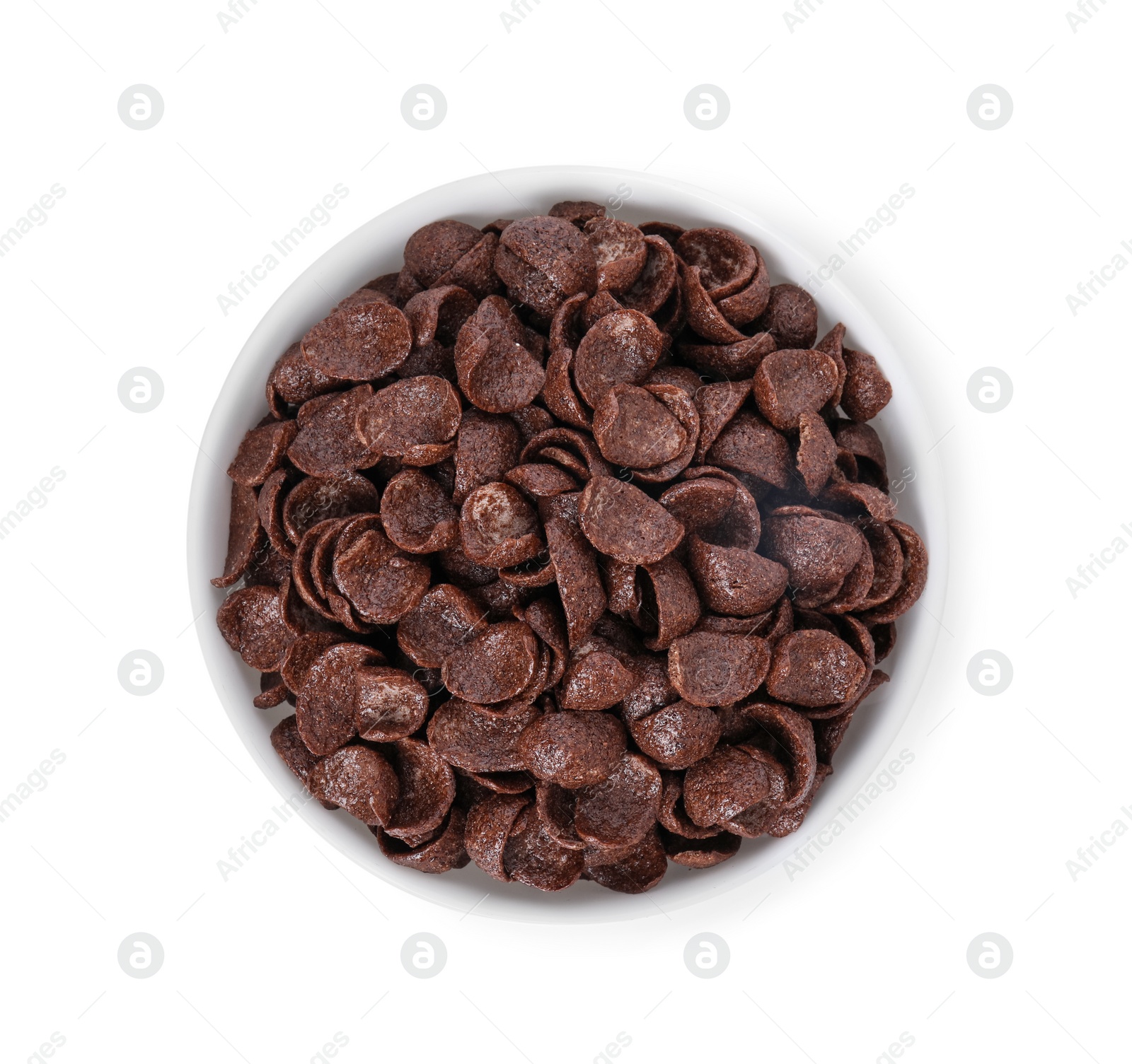 Photo of Breakfast cereal. Chocolate corn flakes in bowl isolated on white, top view