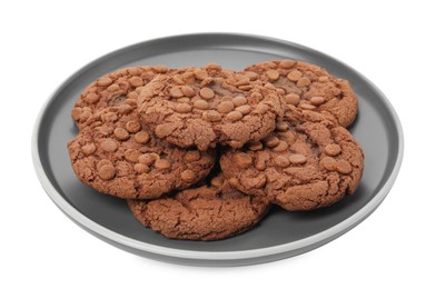 Plate of delicious chocolate chip cookies isolated on white