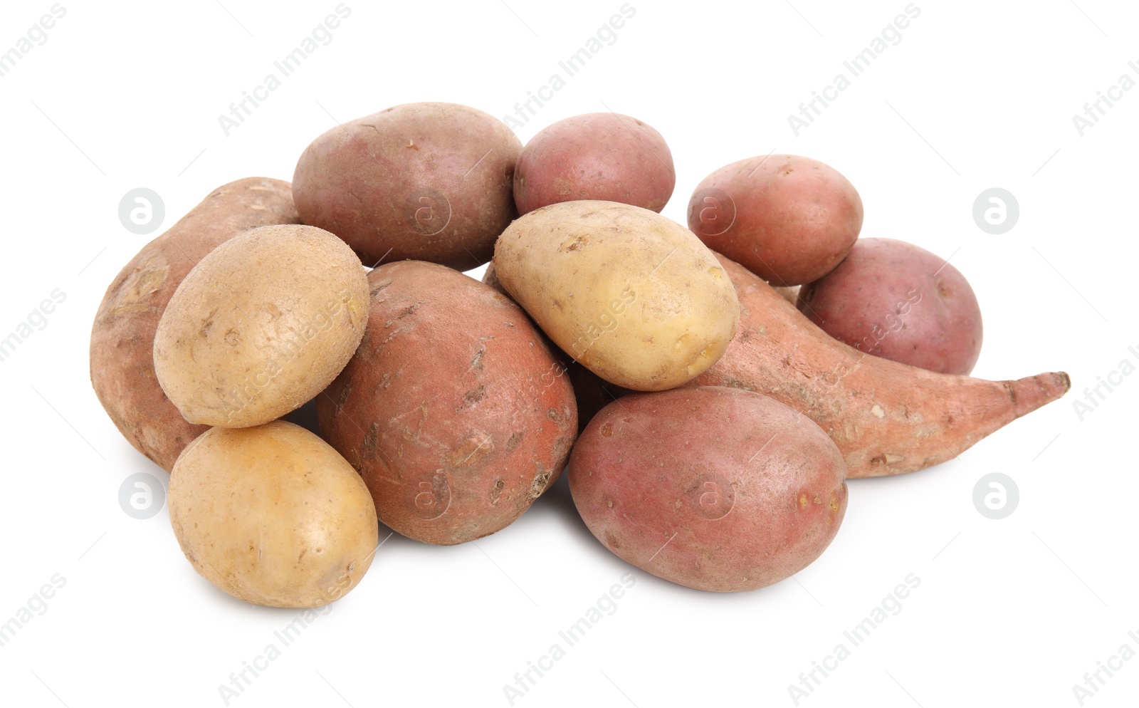 Photo of Different types of fresh potatoes on white background