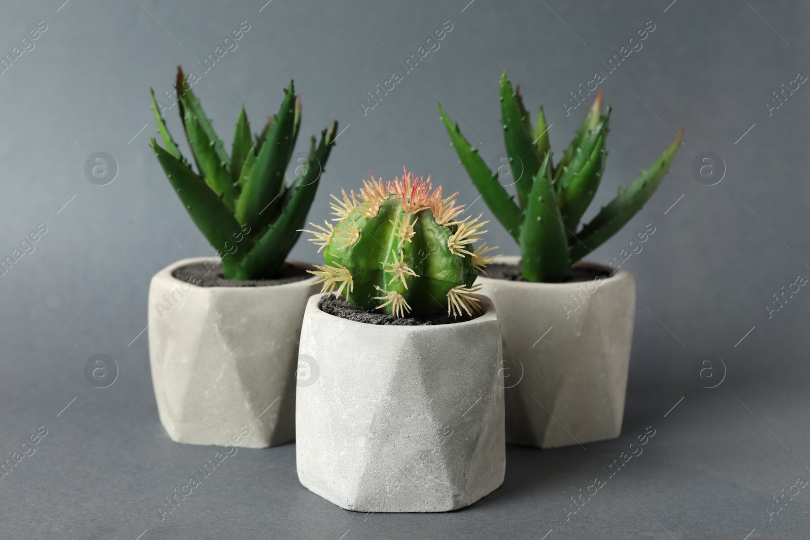 Photo of Beautiful artificial plants in flower pots on grey background
