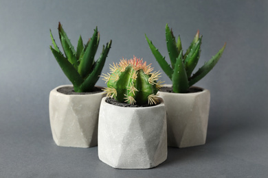 Photo of Beautiful artificial plants in flower pots on grey background